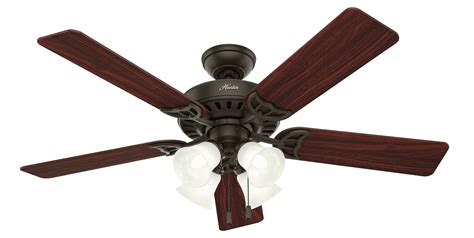 Bronze ceiling fan - About This Product. Appealing design and great functionality combine in the Hunter's Builder Deluxe ceiling fan collection. This fan has a new bronze finish with five reversible blades in Brazilian cherry and stained oak finishes, giving you a versatile look that can suit a number of decor styles. (2) 60-Watt candelabra bulbs are housed in a ...